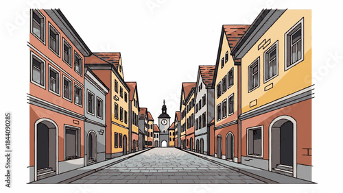 Charming European Street Scene with Historic Buildings.