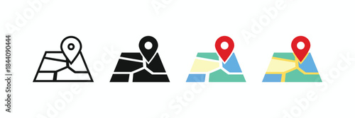 Pin location on map icon set, featuring navigation marker on segmented land. Includes color, black silhouette, and outline versions. Ideal vector for GPS, real estate, travel, and delivery services