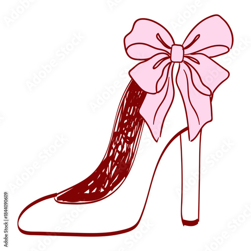 High heel shoe design with a pink bow on top, showing details of the shoe and bow clearly