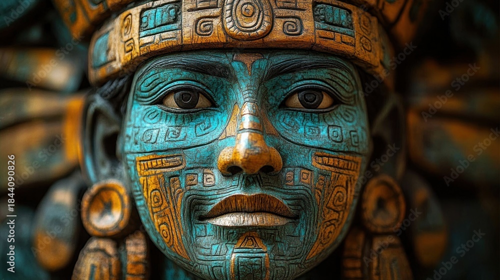 Fototapeta premium Close-up of an intricately carved and painted wooden face with blue and gold geometric designs, large eyes, and decorative headgear evoking a solemn expression