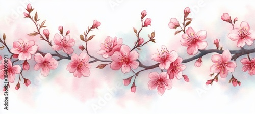 Delicate pink cherry blossoms blooming on a slender branch with soft watercolor background conveying tranquility and natural beauty