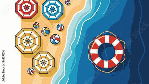 Colorful Beach Umbrellas and Lifebuoy on Sandy Shore.