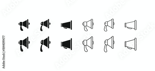 Loudspeaker or megaphone vector icon set. Announcement, marketing, and communication symbols in solid and outline style for UI UX design