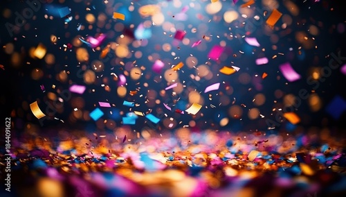 Colorful confetti pieces falling and scattered on a surface with bokeh lights in the background creating a festive atmosphere