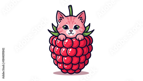 Cute Pink Kitten Peeking Out of a Giant Raspberry.