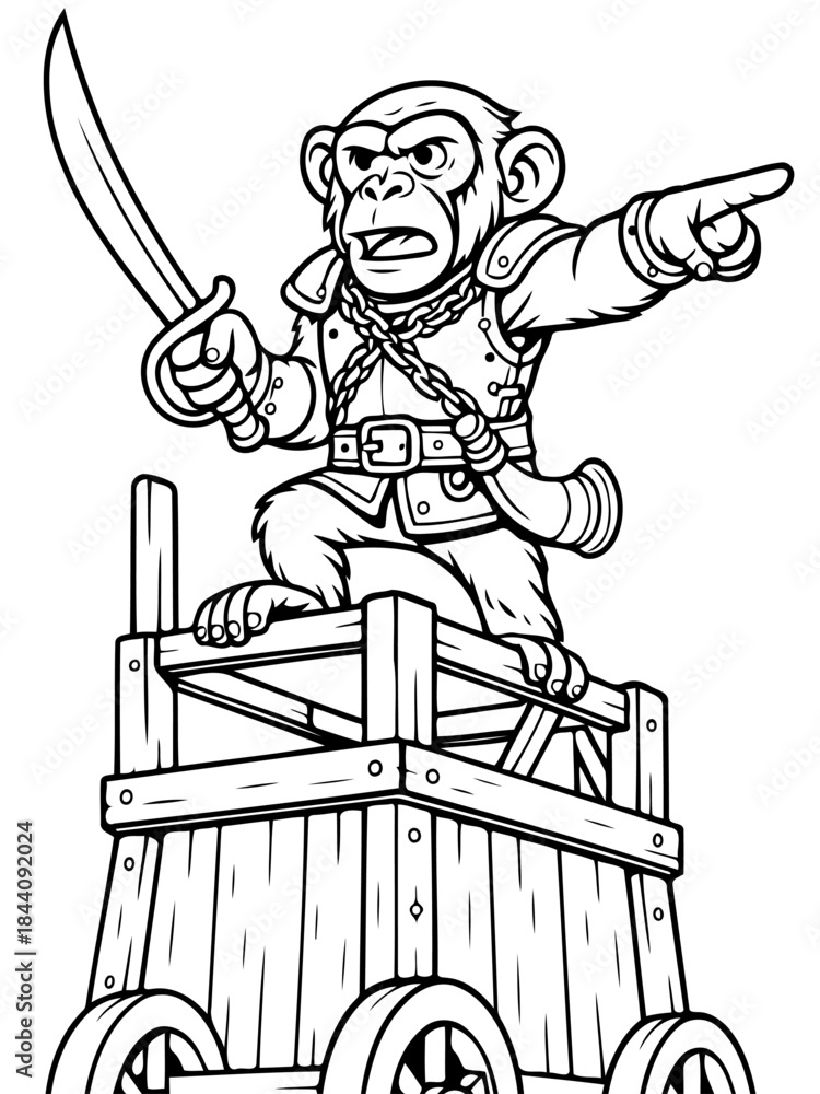 Obraz premium Monkey Commander: An illustrated monkey stands atop a siege tower, sword in hand, pointing to the direction. With a fierce expression, it embodies courage and leadership.