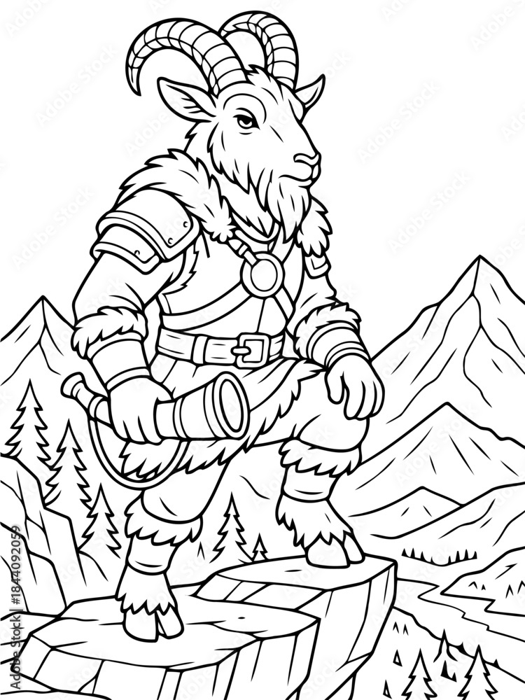 Fototapeta premium Heroic Mountain Goat: A strong, detailed illustration of a majestic mountain goat, standing boldly on a mountain peak, clutching a horn, a true hero of the heights. 