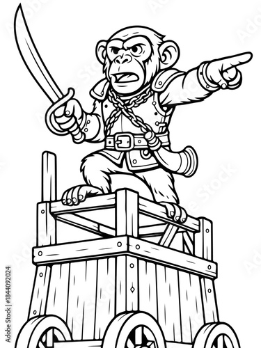 Monkey Commander: An illustrated monkey stands atop a siege tower, sword in hand, pointing to the direction. With a fierce expression, it embodies courage and leadership.
