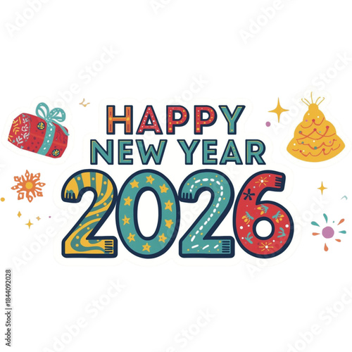 Karya Chunky Block Color Happy New Year 2026 Sticker Seni Tanpa Judul