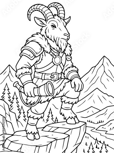Heroic Mountain Goat: A strong, detailed illustration of a majestic mountain goat, standing boldly on a mountain peak, clutching a horn, a true hero of the heights. 