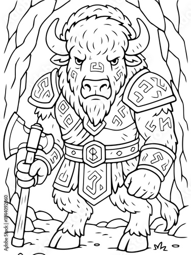 Mythical Guardian of the Mountain: A robust and formidable minotaur stands ready, armed with a mighty axe, guarding the secrets of the ancient cave. The creature embodies strength, determination.