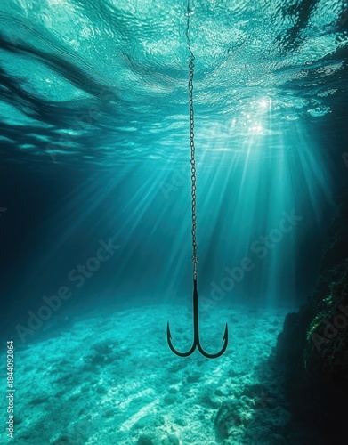 Underwater scene showing a fishing hook suspended from a chain with sun rays penetrating clear blue water illuminating the rocky ocean floor