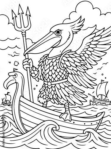 Mythic Pelican Navigator: An illustrated pelican, donned in heroic attire, navigates the sea with a trident in hand, commanding a mythical ship amidst waves, clouds, and a fleet of vessels. 