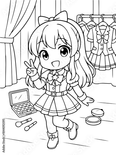 Anime Girl in Preparation: An adorable anime girl radiates joy, making a peace sign, she stands in her dressing room adorned with make-up and costume.
