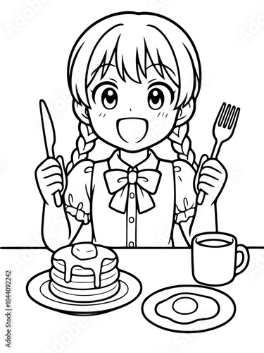 Breakfast Bliss: A delightful anime-style illustration captures the anticipation of a meal, featuring a cheerful girl ready to enjoy pancakes and a sunny-side-up egg.