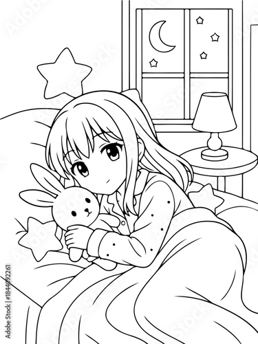 Sweet Dream: A cartoon girl embraces a stuffed rabbit in a cozy bedroom with a warm ambiance, under a night sky framed by a window.