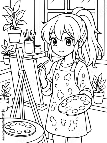 Artist in Studio: A young artist immersed in creativity, diligently working on her canvas with a palette of colors in a bright studio, surrounded by plants and painting tools.