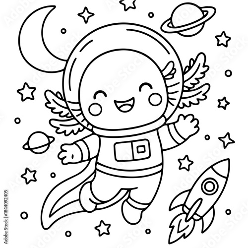 Axolotl in Space: An adorable axolotl astronaut, clad in a space suit, joyfully floats through the cosmos, surrounded by stars, planets and a rocket ready for cosmic adventure.