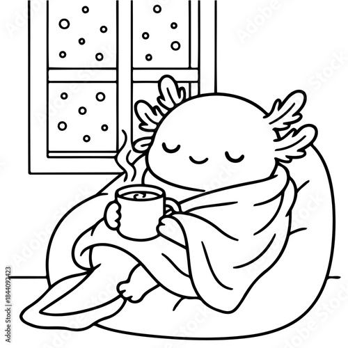 Axolotl's Cozy Winter Bliss: A charming illustration shows an axolotl relaxing in winter weather. snug in a blanket and sipping hot cocoa, The scene exudes warmth and tranquility.