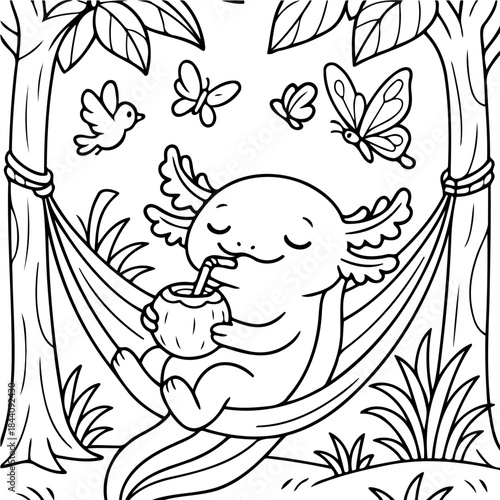 Relaxation of Axolotl in hammock: An axolotl, lies in a hammock drinking coconut milk, enveloped by nature, butterflies and birds are flying around and tree branch also.