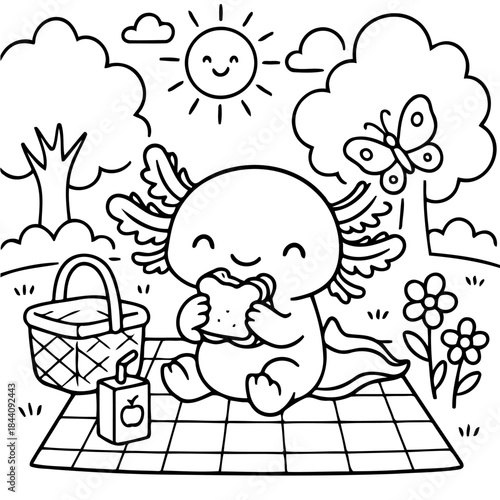 Axolotl's Picnic: A charming axolotl enjoys a picnic on a sunny day, complete with a sandwich, juice, a picnic basket, and a butterfly soaring nearby. A heartwarming scene of joy and leisure