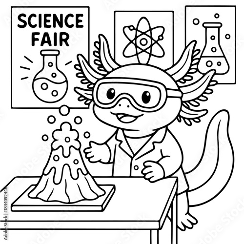 Axolotl Science Fair: An adorable axolotl, sporting safety goggles and a lab coat, conducts a captivating science fair experiment.