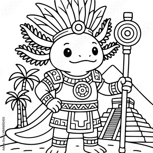 Axolotl in Ancient Attire: An Axolotl character, adorned in traditional attire, proudly displays a staff against the backdrop of an ancient pyramid.