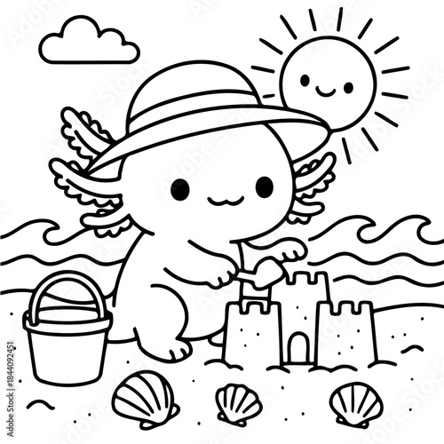 Summer Fun: An axolotl, adorably adorned with a hat, builds a whimsical sandcastle on a sunny beach, embracing the joy of a perfect summer day.