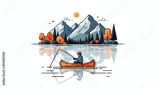 Fisherman in Canoe on Calm Lake with Mountain Reflection.