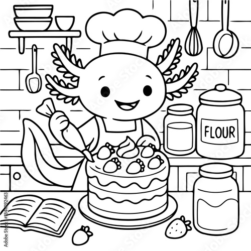 Sweet Treats & Culinary Charm: An endearing axolotl, donned in a chef's hat, meticulously crafts a delectable cake with utmost care and culinary finesse.