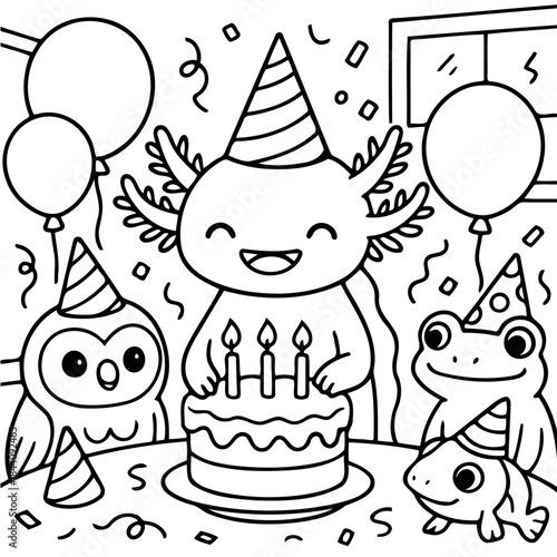 Birthday Celebration: A whimsical scene unfolds with cheerful axolotl at the center, surrounded by friends, a birthday cake and festive balloons, all drawn in a delightful illustration