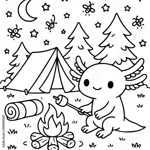 Camping Axolotl Illustration: A whimsical illustration depicts a cute axolotl enjoying a cozy camping experience, complete with a tent, campfire, marshmallows, and a starry night.