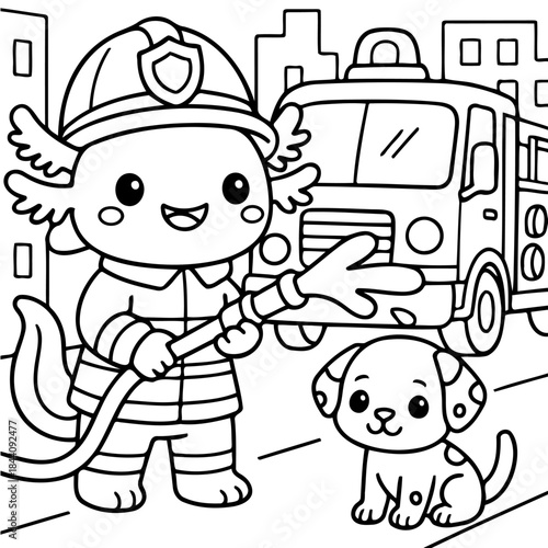 Heroic Firefighter: A friendly cartoon firefighter stands proudly beside his fire truck, ready for action, accompanied by a loyal puppy. A heartwarming scene of service and courage.