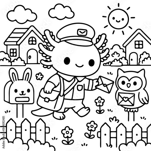 Axolotl Postman: A charming axolotl, donned in a postman's uniform, delivers mail within an adorable, illustrative neighborhood. The scene radiates a cheerful and whimsical vibe, with houses, mailbox.