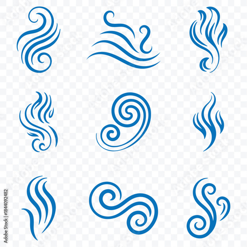 Collection of stylized smoke and steam icons.  Hit stink, coffee, fragrance flame elements. Smoke smell, steam aroma heat symbol. Vector illustration.