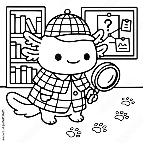Detective Axolotl's Investigation: A charming cartoon axolotl, dressed as a detective, with magnifying glass examines footprints in an intriguing illustration.