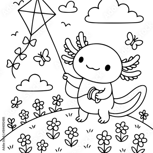 Axolotl Kiting Fun: An endearing axolotl joyfully soars a kite amidst a whimsical field of flowers, butterflies, and fluffy clouds, painting a scene of lighthearted play.