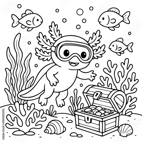Axolotl's Underwater Adventure: An axolotl, equipped with swim goggles, embarks on a delightful underwater journey, with treasure and sea life as companions.
