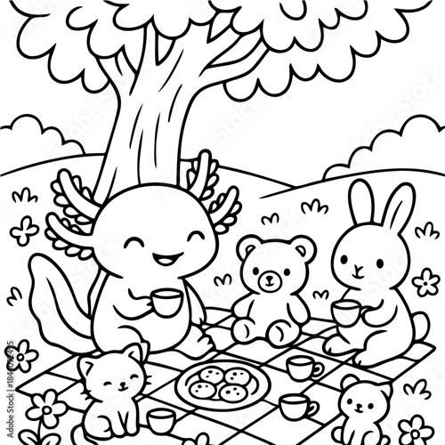 Cute Friends Picnic: A delightful scene of adorable cartoon animals enjoying a picnic outdoors under a lovely tree. Embrace this scene's innocent charm.