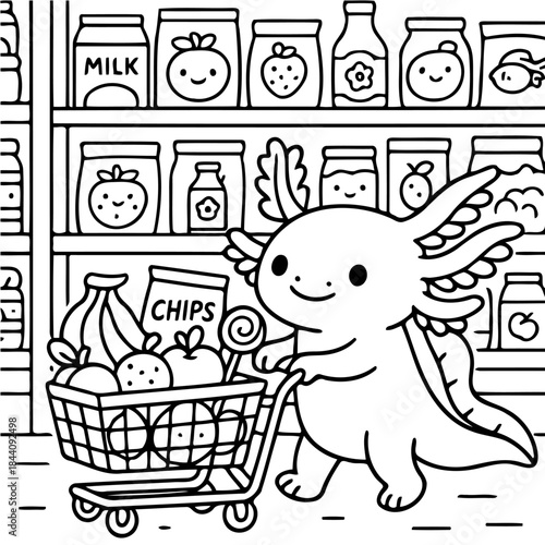 Axolotl Shopping: In a charming illustration, an axolotl navigates a supermarket, pushing a shopping cart filled with fresh produce, a lollipop, and various grocery items. 