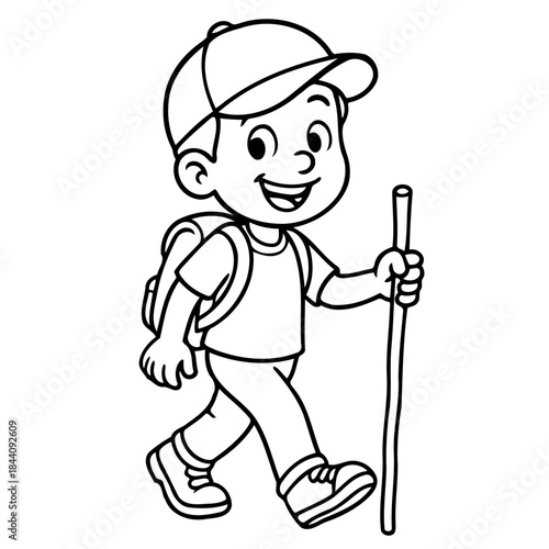 Young Hiker Adventure: A cheerful, young individual, embarking on a hiking adventure, carries a backpack and hiking stick, filled with a sense of excitement and exploration.