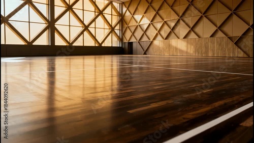 Sunlight streams across a polished wooden gymnasium floor with diamond patterned windows