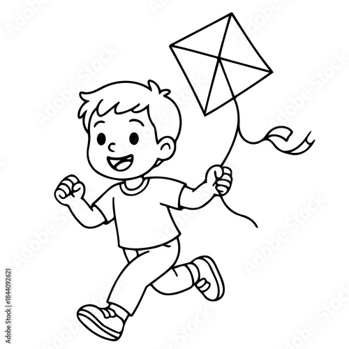Joyful Kite Flight: A cheerful child races across an open space, his kite soaring high in the sky. It captures the pure glee of a perfect day.