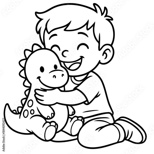 Child's Bond with Toy Dinosaur: A heart-warming illustration of a young child's affectionate embrace with a toy dinosaur, portraying the innocence of childhood.