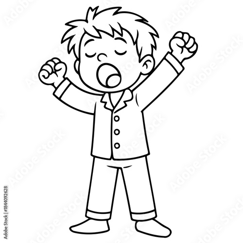 Ready to Rise: An outlined illustration of a yawning boy in pajamas, capturing the sleepy start of a fresh day. 