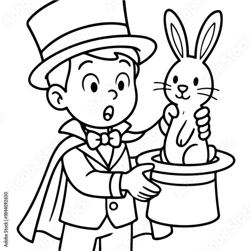 Magic Trick Illustration: A young magician, in a top hat and cape, holds a surprised expression as a white rabbit appears from a classic top hat, creating a moment of wonder.