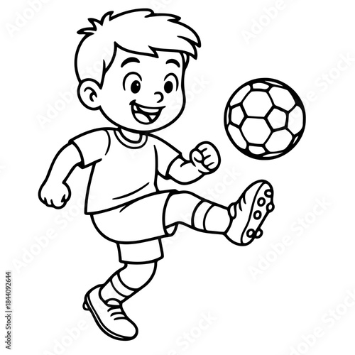 Kid Soccer Action: A cheerful young boy showcases his football skill with a powerful kick, embodying the energy and delight of sports
