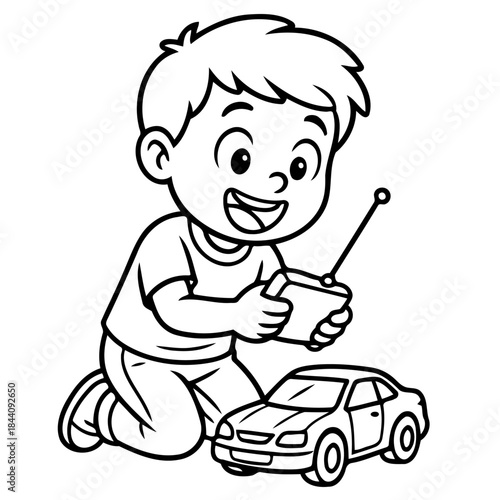 Joyful young boy playing with a toy car: A cheerful young boy is absorbed in his playful interaction with a remote control toy car. This illustration captures the innocence and joy of childhood.