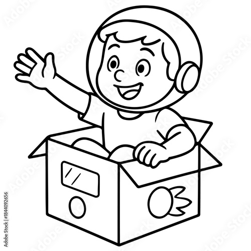 Astronaut in a Box: A young, aspiring astronaut, full of wonder and imagination, sits in a cardboard box, ready to embark on an intergalactic journey.