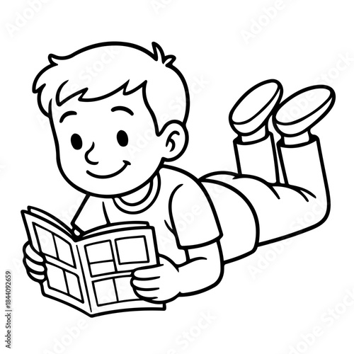 Boy reading a magazine: A young boy absorbed in a comic magazine, enjoying a moment of leisure. A scene depicting the joy of reading and intellectual curiosity.